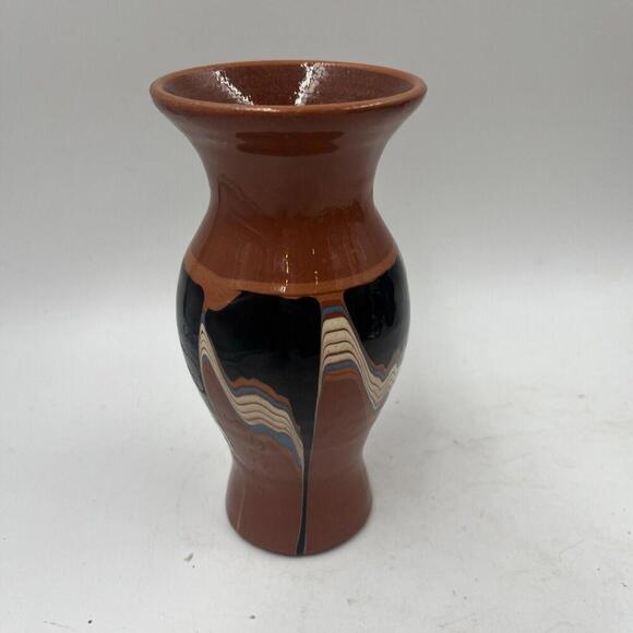 Vintage Painted And Dripped Glazed Bulgarian Terracotta Vase MCM Unique - Picture 3 of 7